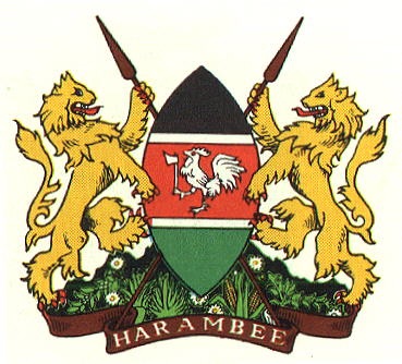 Escudo de armas do Quênia escrito Harambee