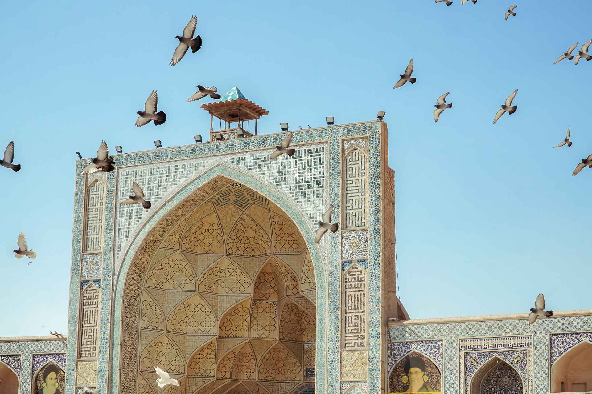 Many birds flying in front of the mosque in Iran