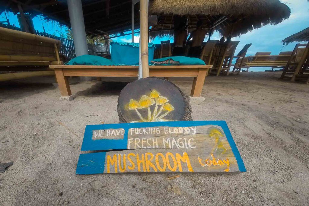 A sign on the sand saying We have fucking bloody fresh magic mushroom in front of the bungalow