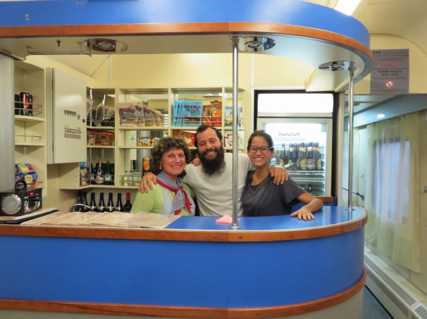 Tiago and Fernanda with the staff at the Trans-Siberian Railway