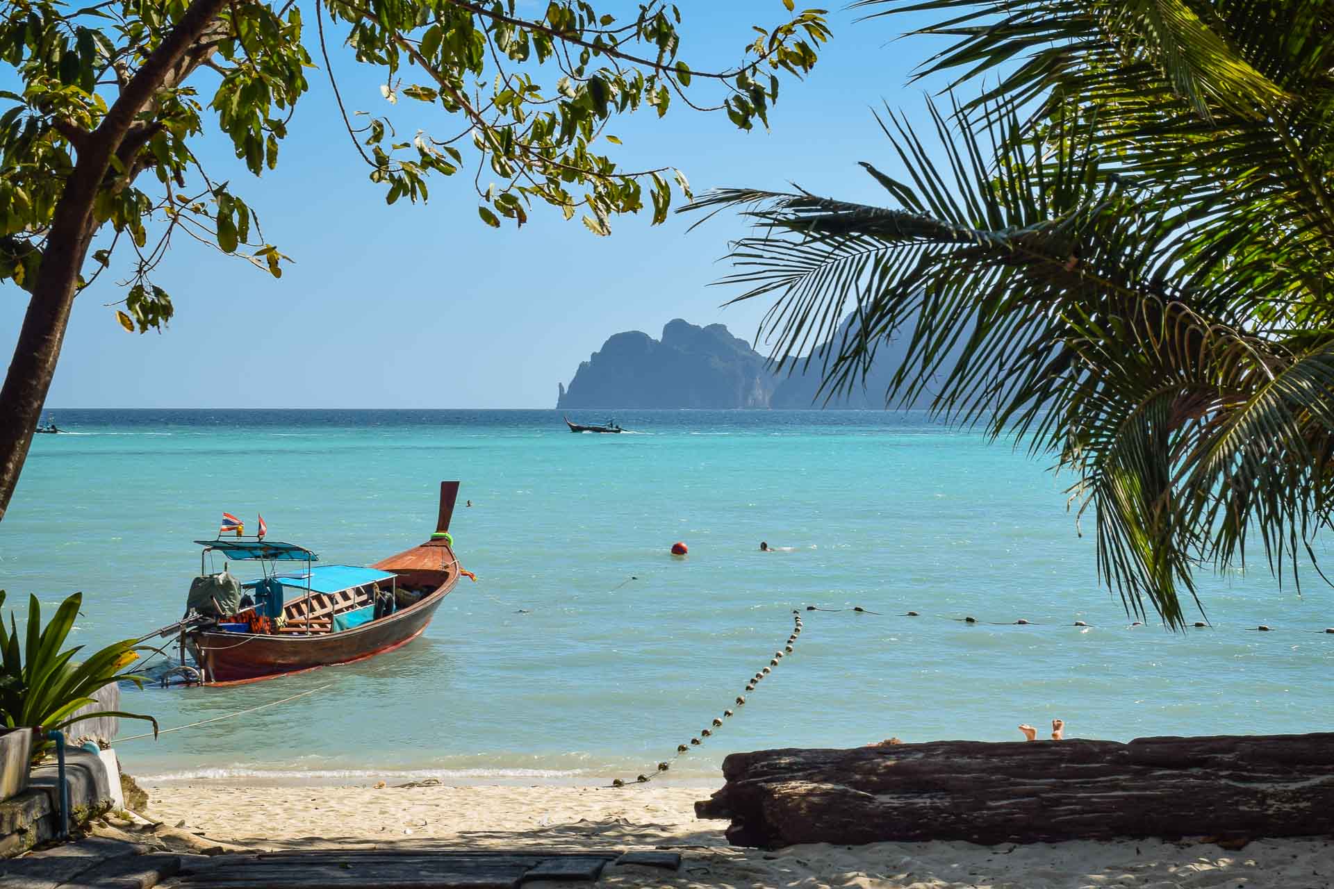 A boat parked in the ocean viewed in between two trees