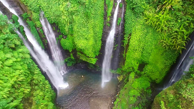 As três quedas da cachoeira Sekumpul em Bali cercada pela natureza