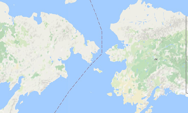 mapa que mostra a distância entre a Rússia e o Alaska