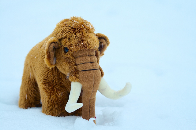 a doll mammoth in the snow