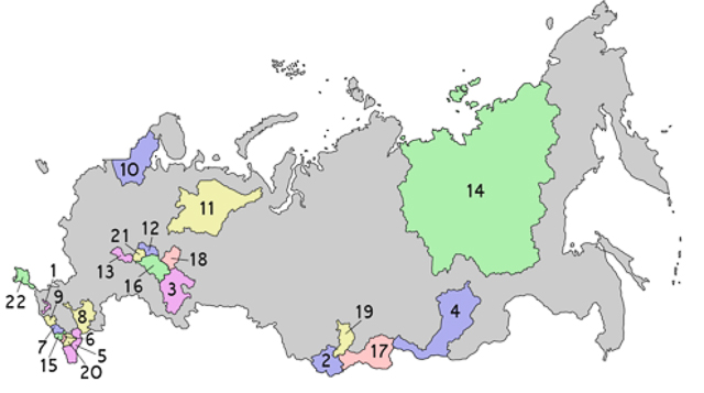  A map of Russia showing all the 22 autonomous regions