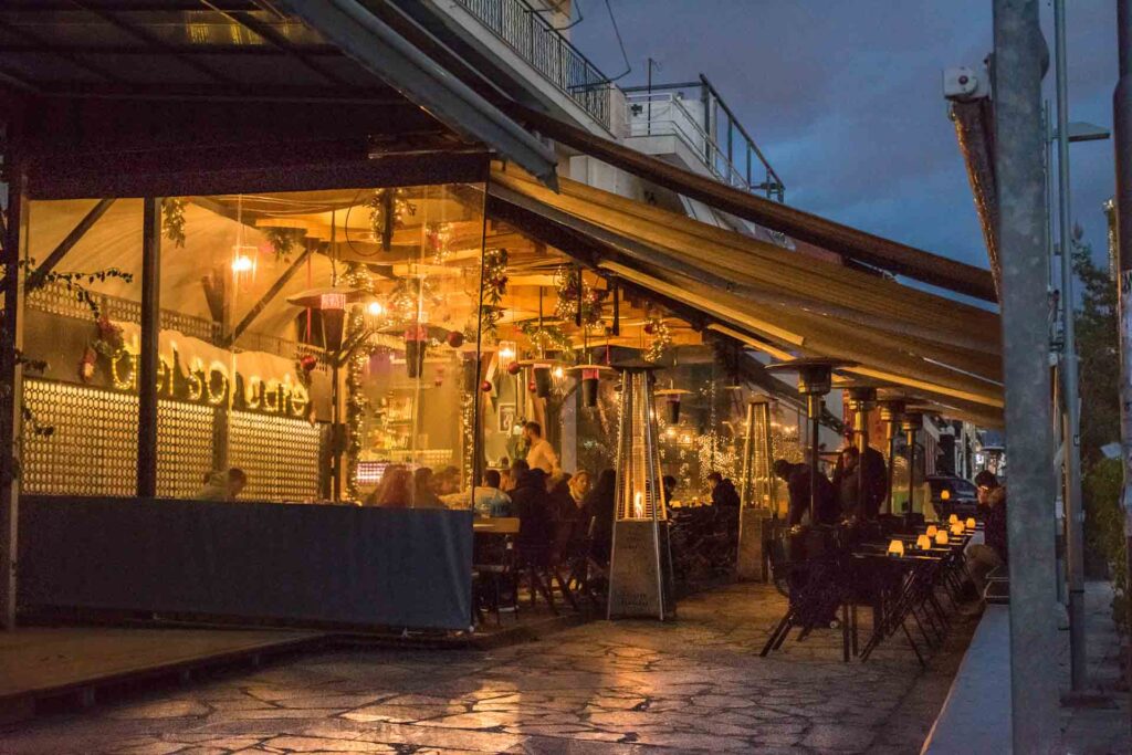 Restaurants in Gazi Athens at dusk