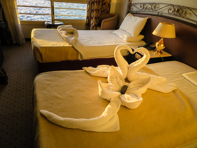 Animal shaped towels on top of our beds during our Nile cruise from luxor to aswan