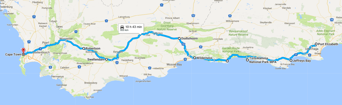 map of the route of a motorhome trip from Port Elizabeth to Cape Town in South Africa
