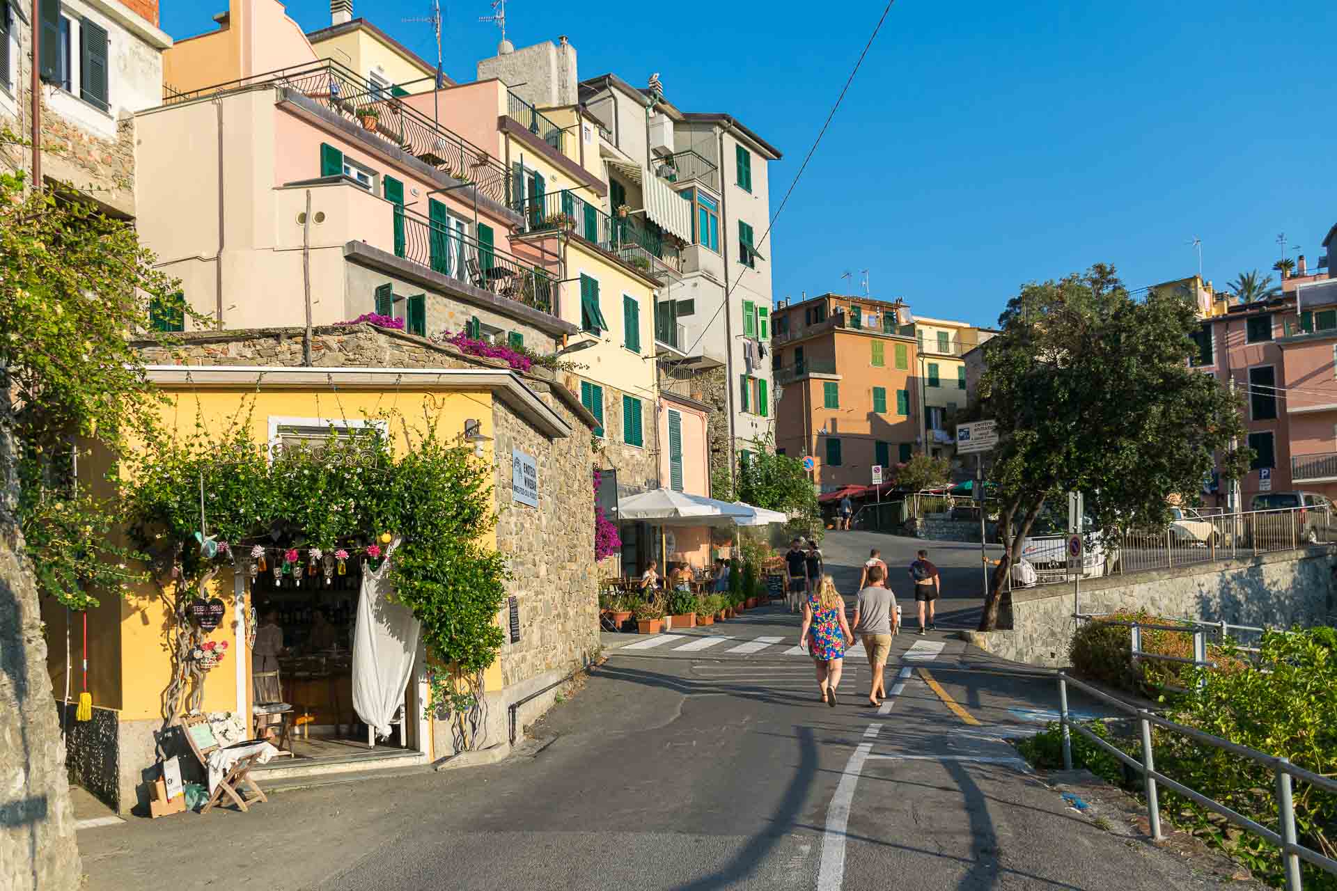 A slope street with houses on one side in Cinque terre