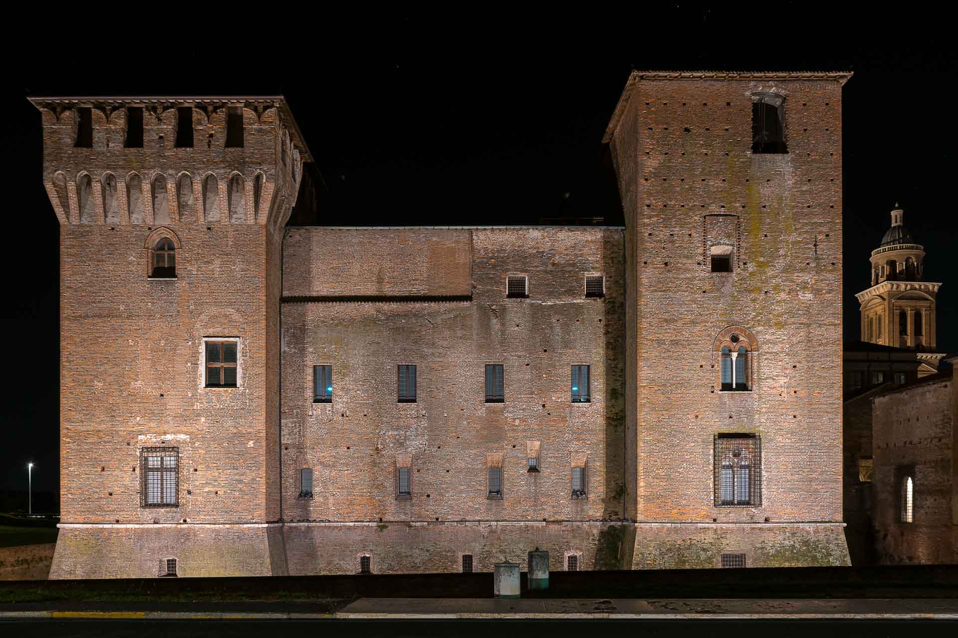 The facade of the castle in Mantua at night
