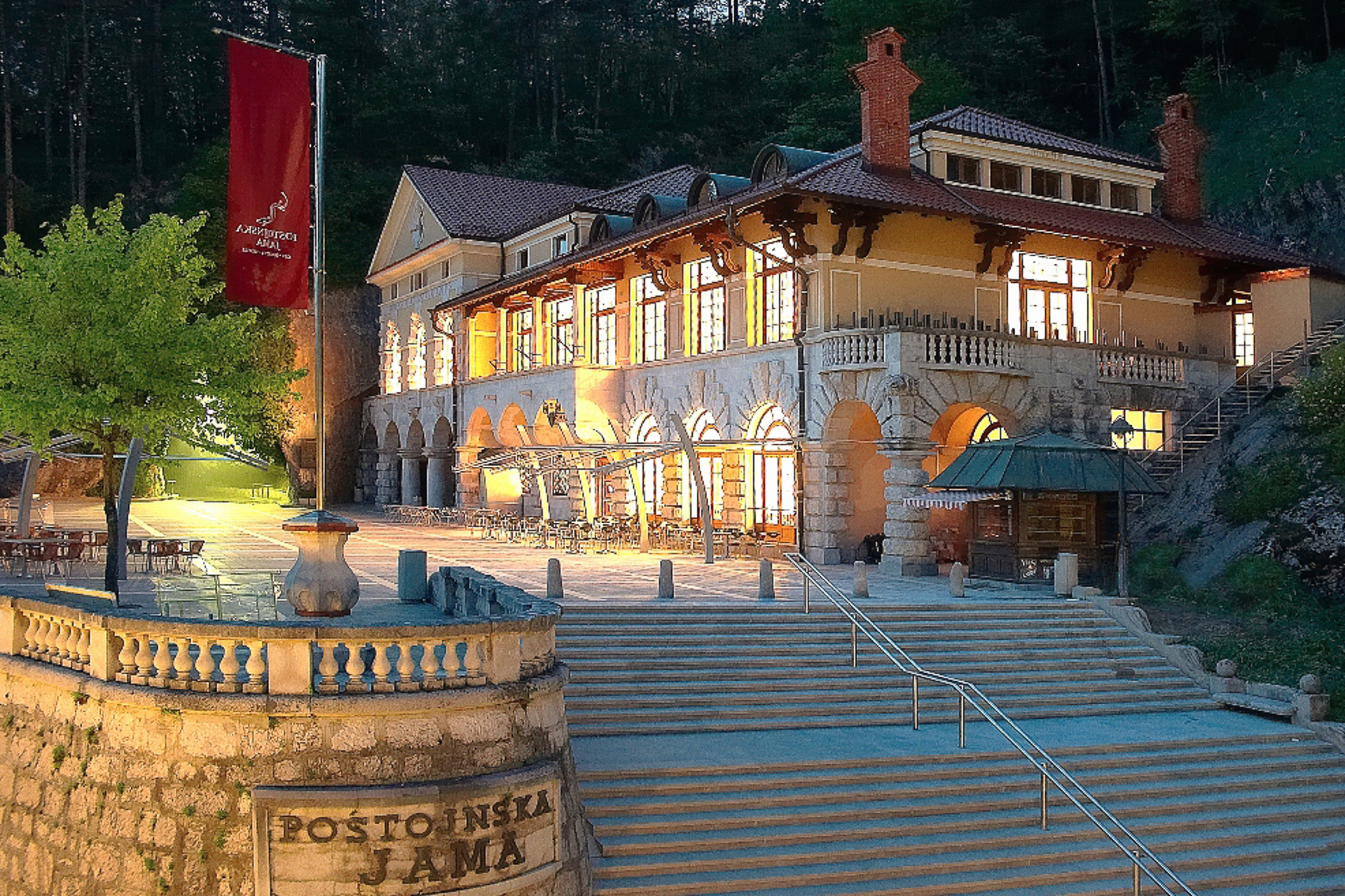 Night view of the entrance of the Postojnska Jama hotel near Postojna Cave and Predjama Castle