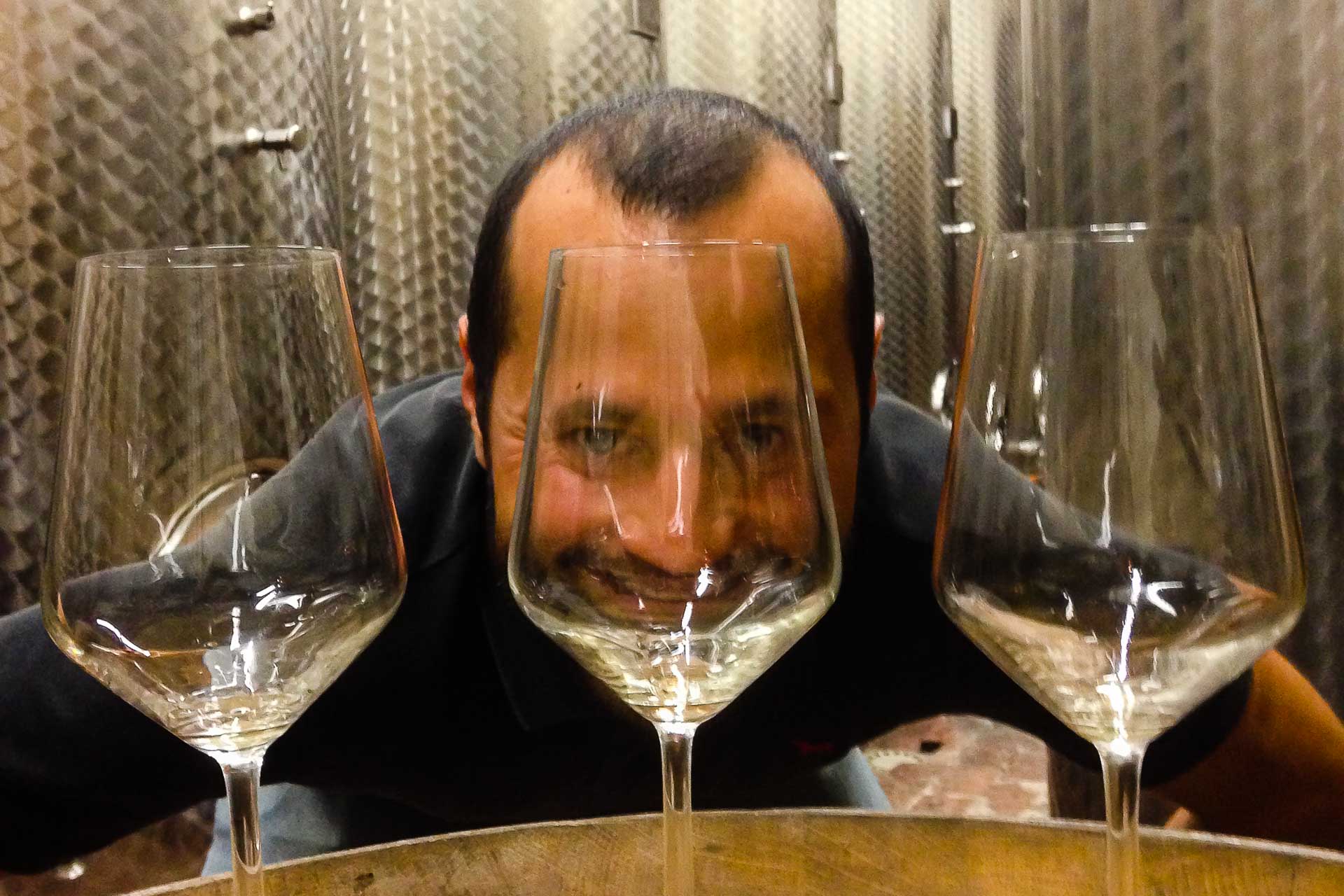 Tiago olhando atraves das taças de vinho em Brda na Eslovênia