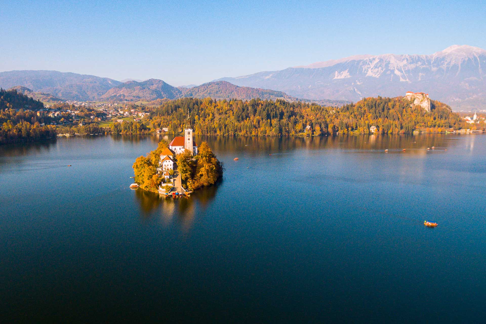 Aerial view of the little island in Lake Bled Slovenia