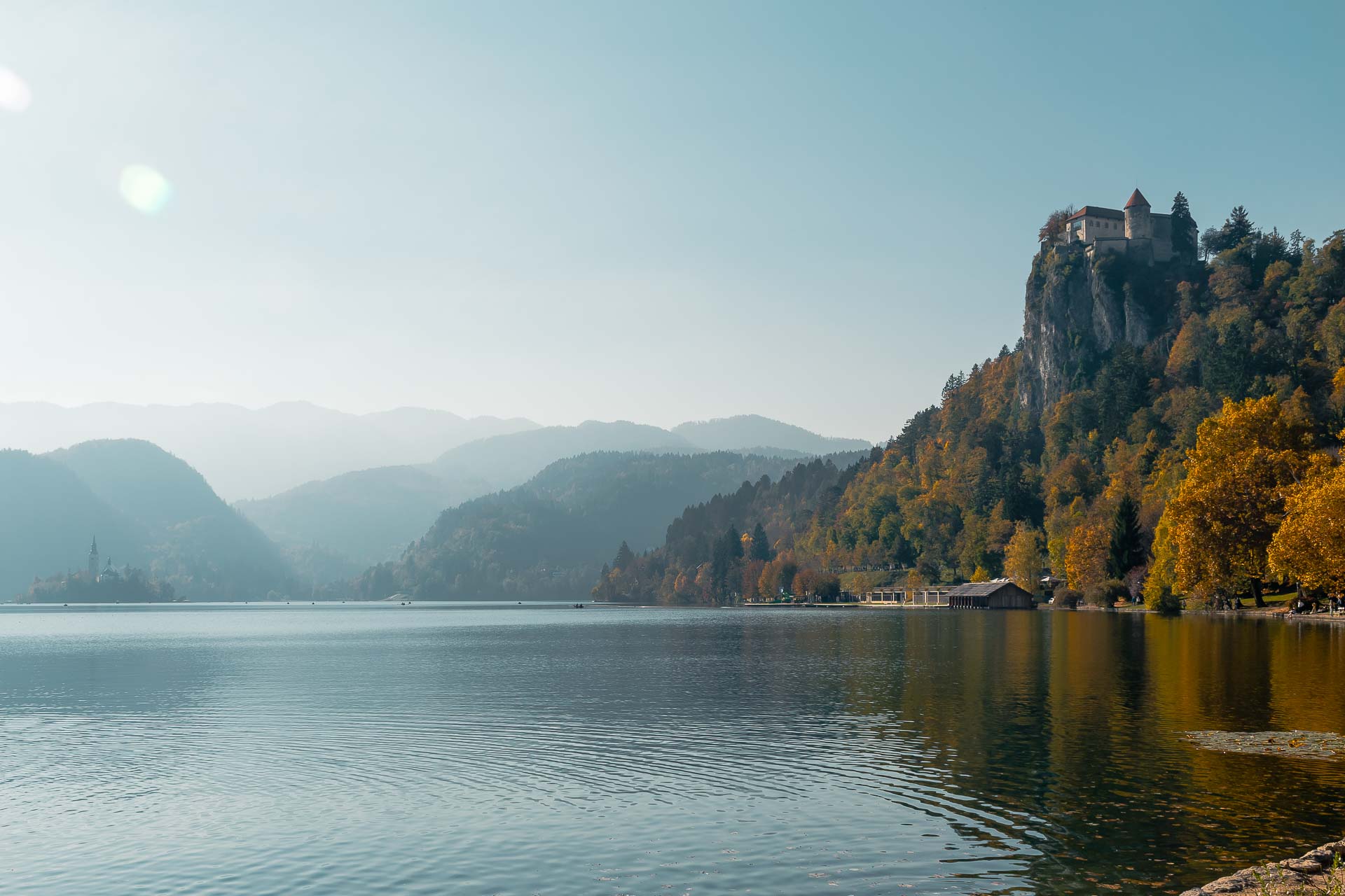 The Castle of Lake Bled on top of the rock and the lake