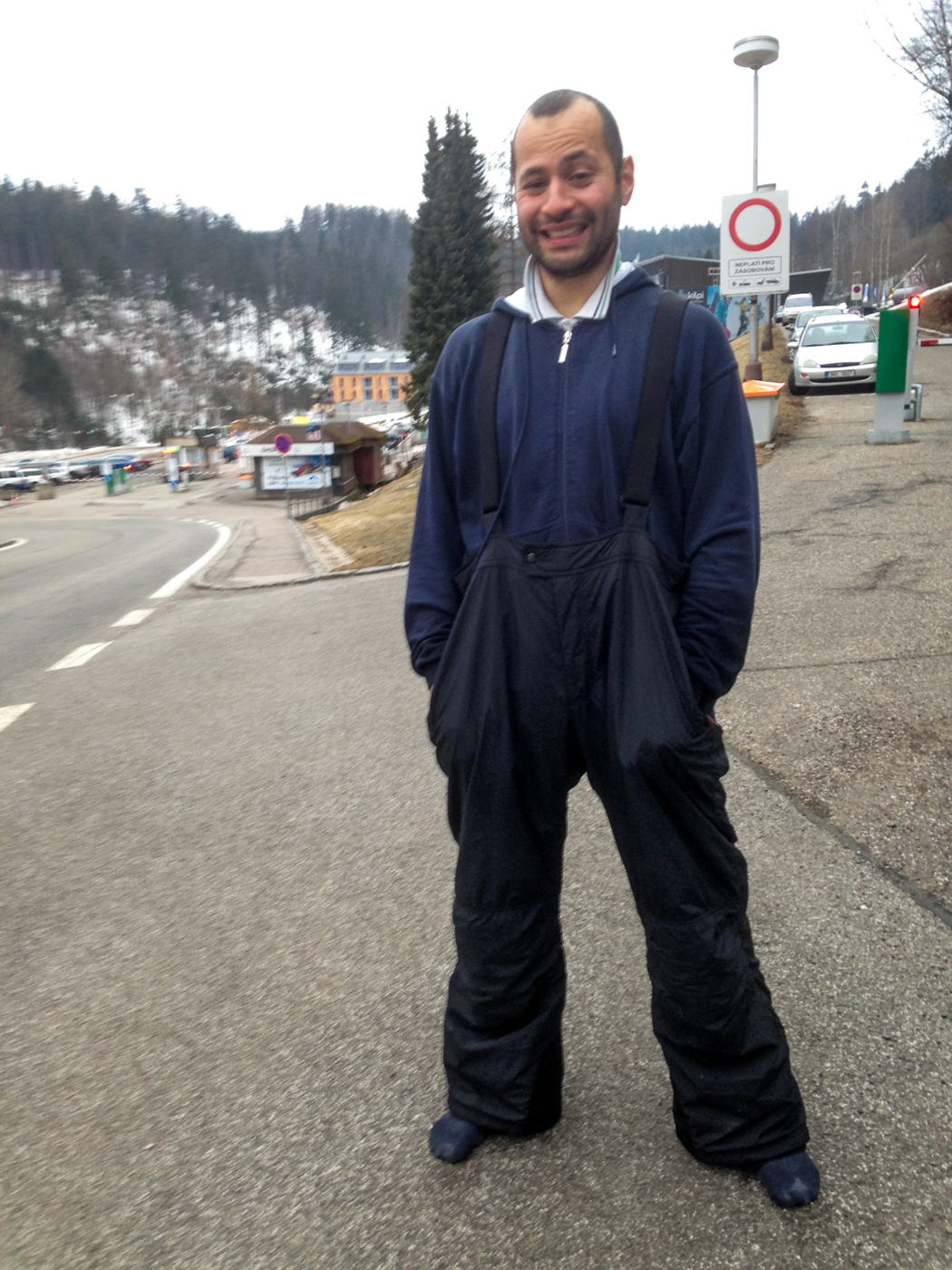 tiago on a large overall about to skyying in Czech Republic