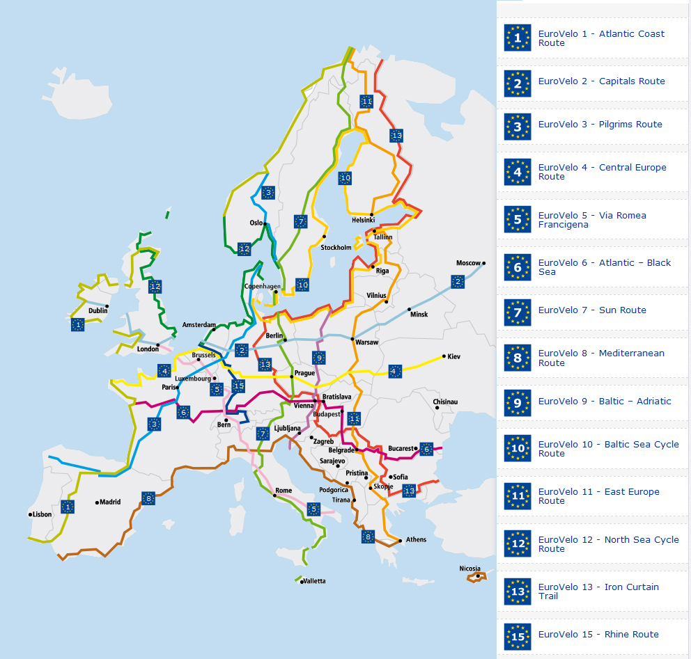 Mapa das rots da Eurovelo para o seu cicloturismo na Europa