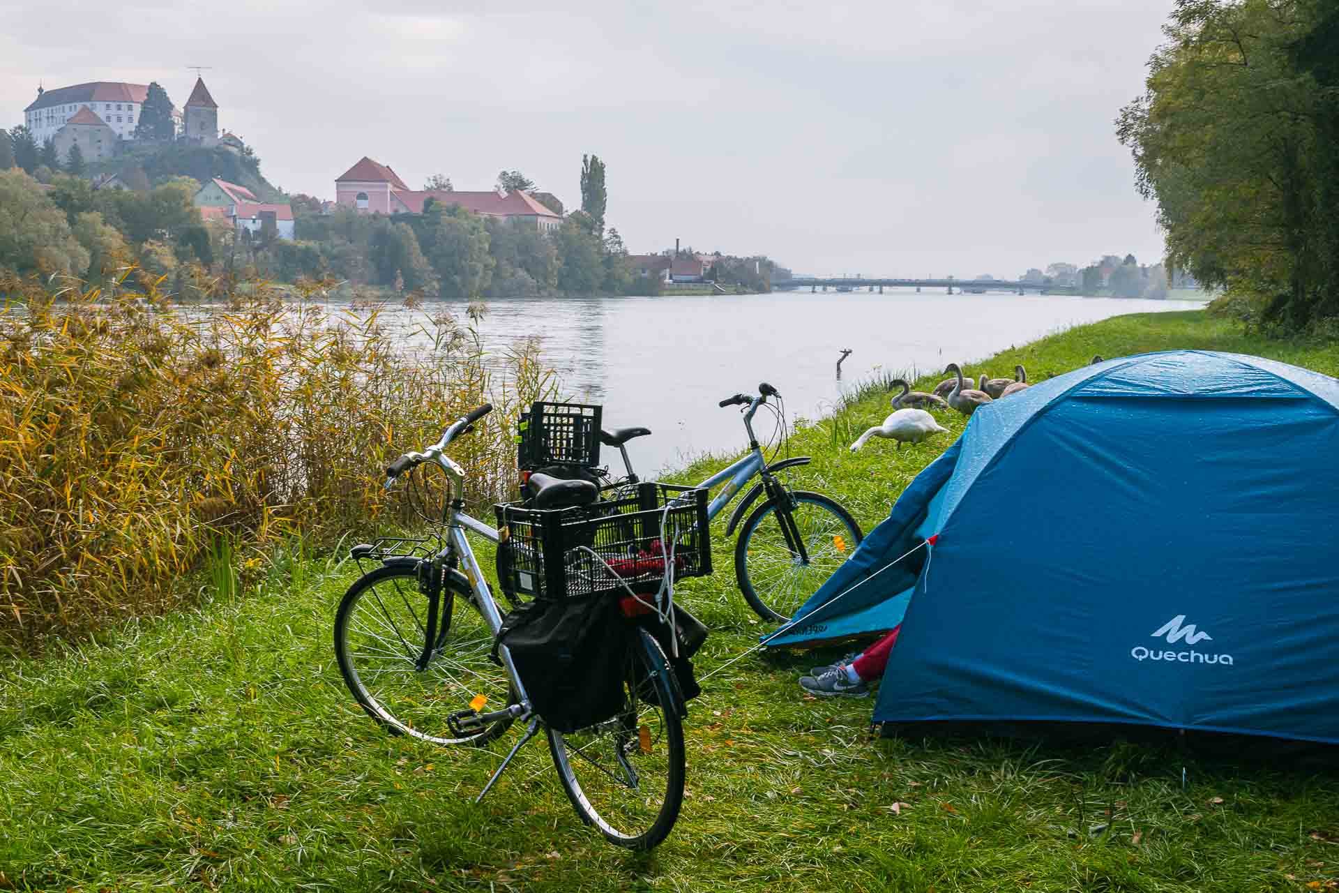 A bike next to a camping tent by the river in Slovenia during a cycling in Europe