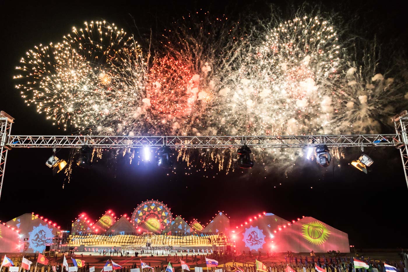 fireworks at the beginning of the World Nomad Games in a world nomads competition