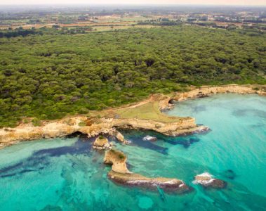 Vista aerial do parque nacional da Puglia e sua água cristalina e penhascos na frente de uma floresta