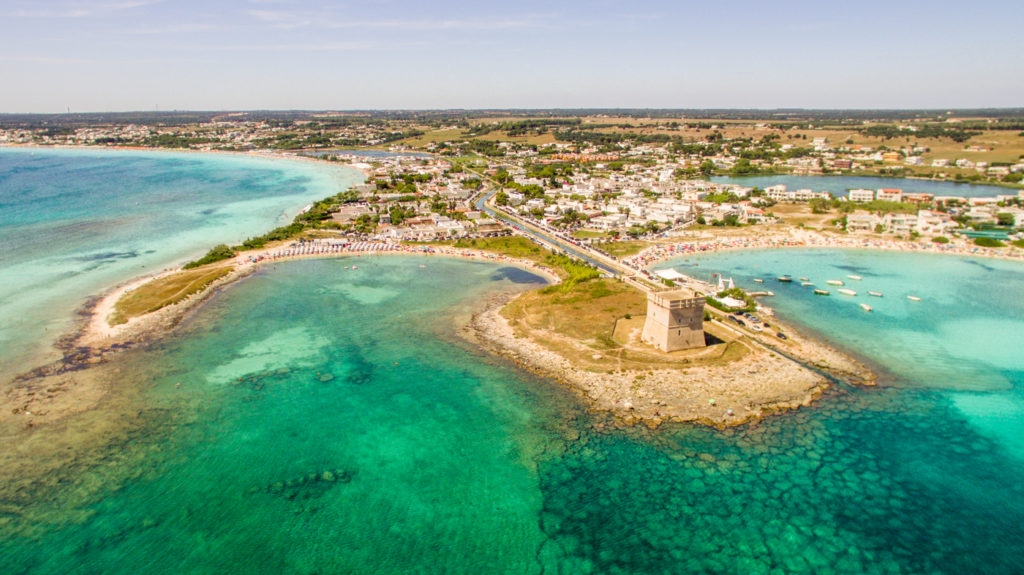 Puglia itinerary aerial shot of Torre Chianca, near Porto Cesario in Puglia