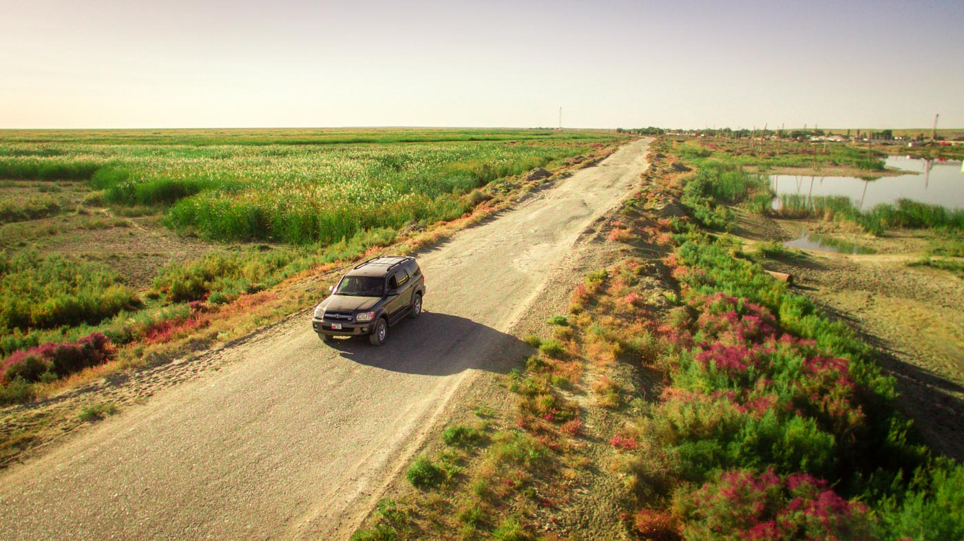 Driving in Kyrgyzstan through the vegetation in the middle of nowhere