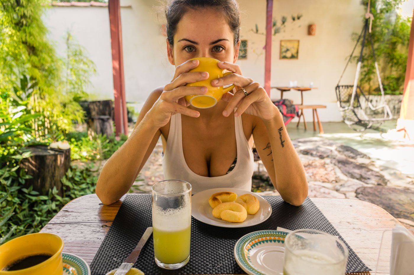 Fe having breakfast at Flor de Debora Inn