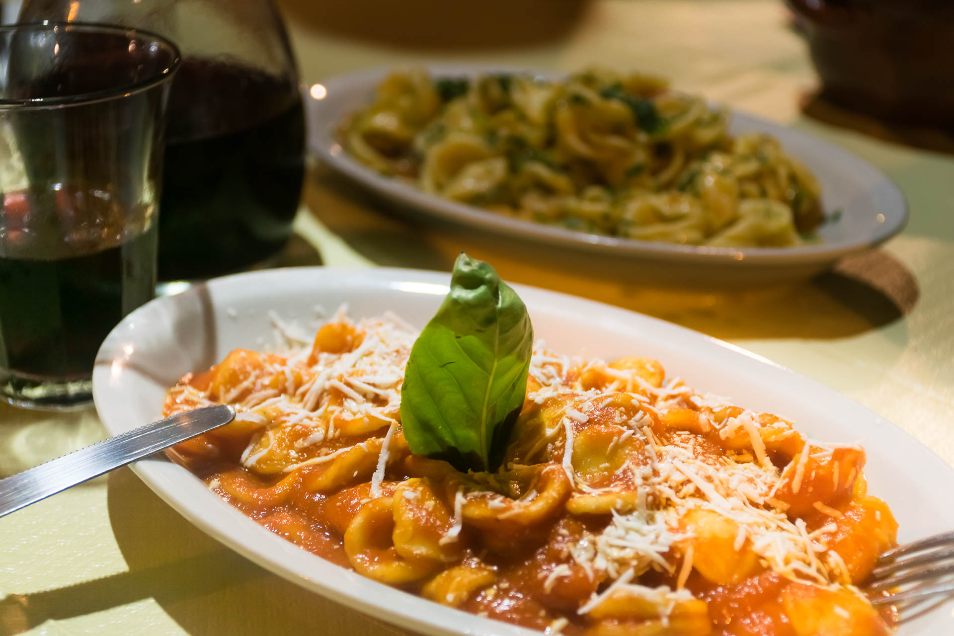 a dish of orecchiette in red sauce