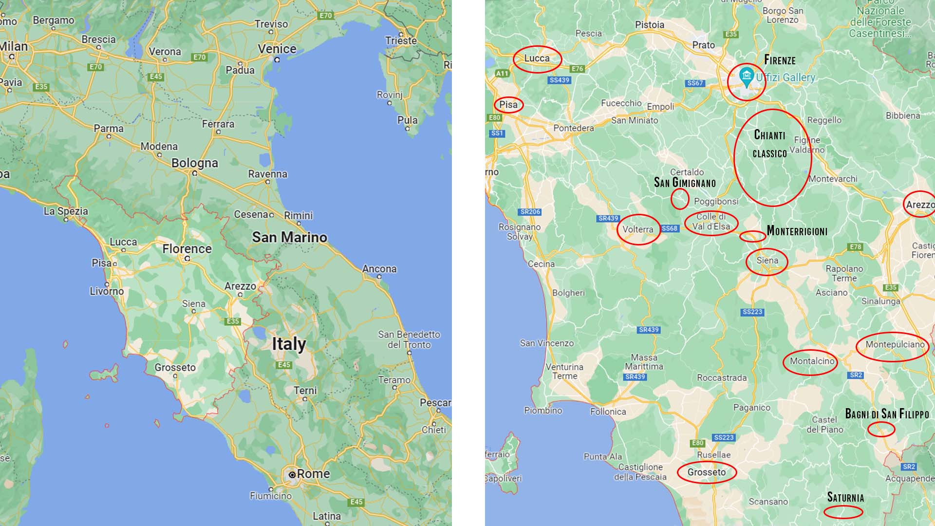 Map of the best towns in Tuscany in large and close up details