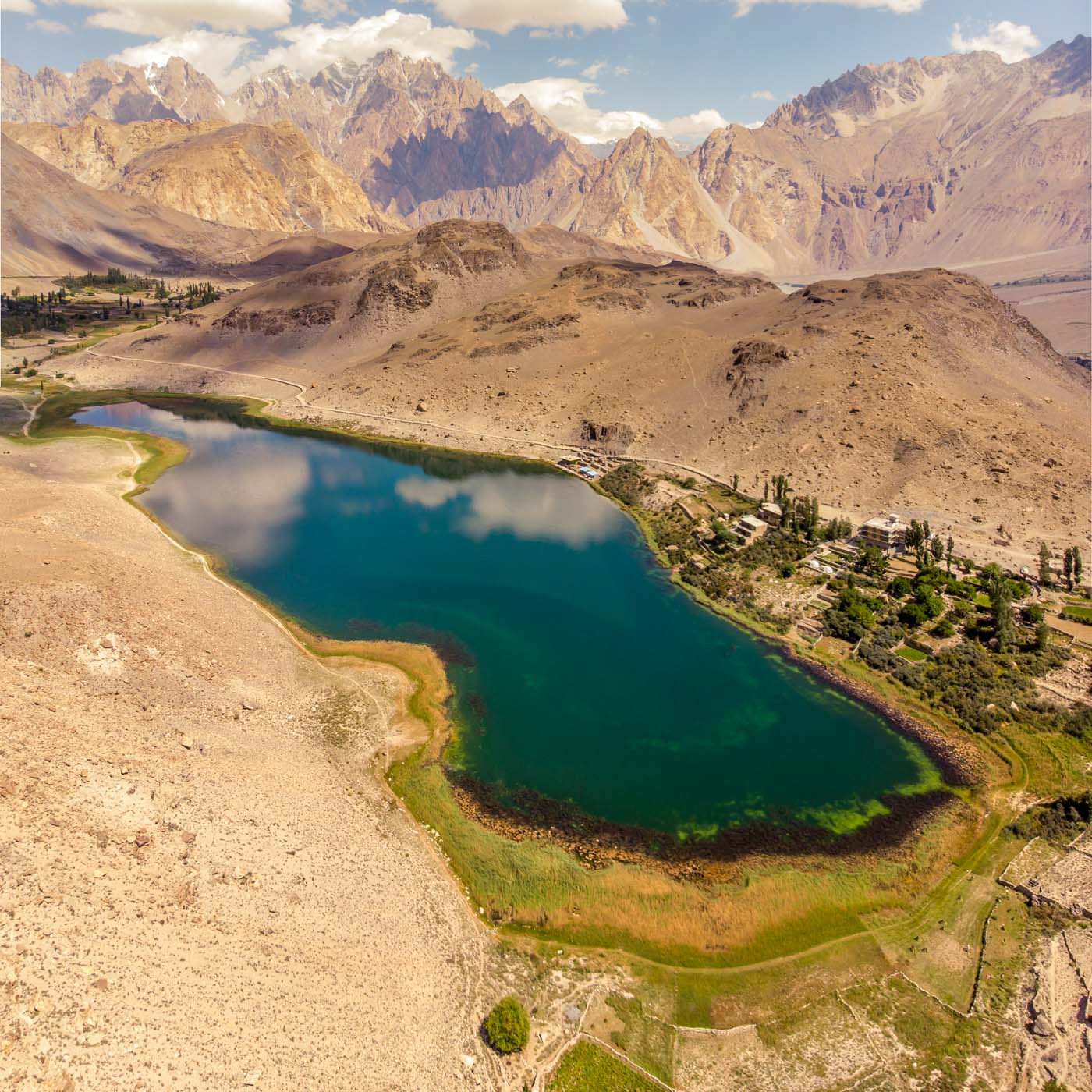 aerial shot of borith lake in Hunza Valley
