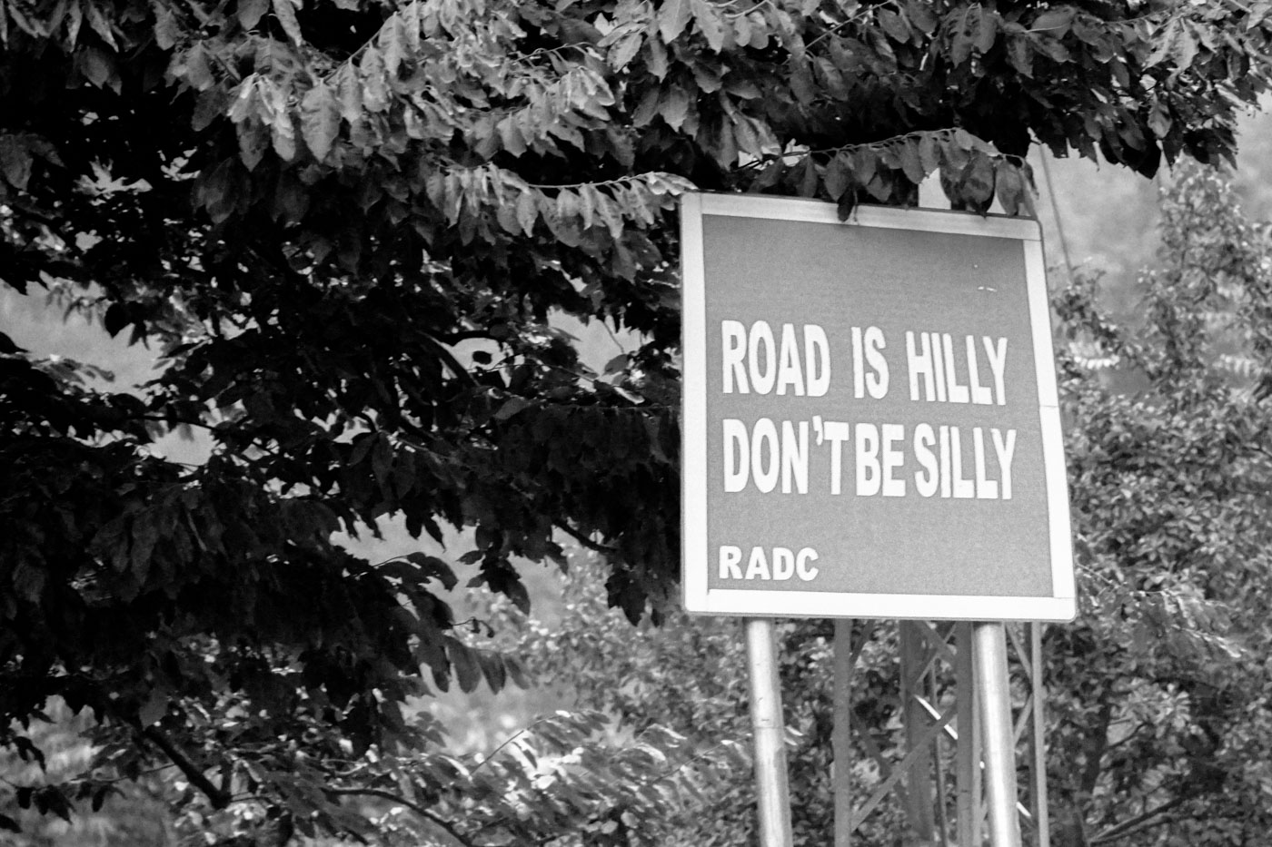 Placa dizendo Road is hilly, don't be silly, que significa "estrada sinuosa, não seja bobo"