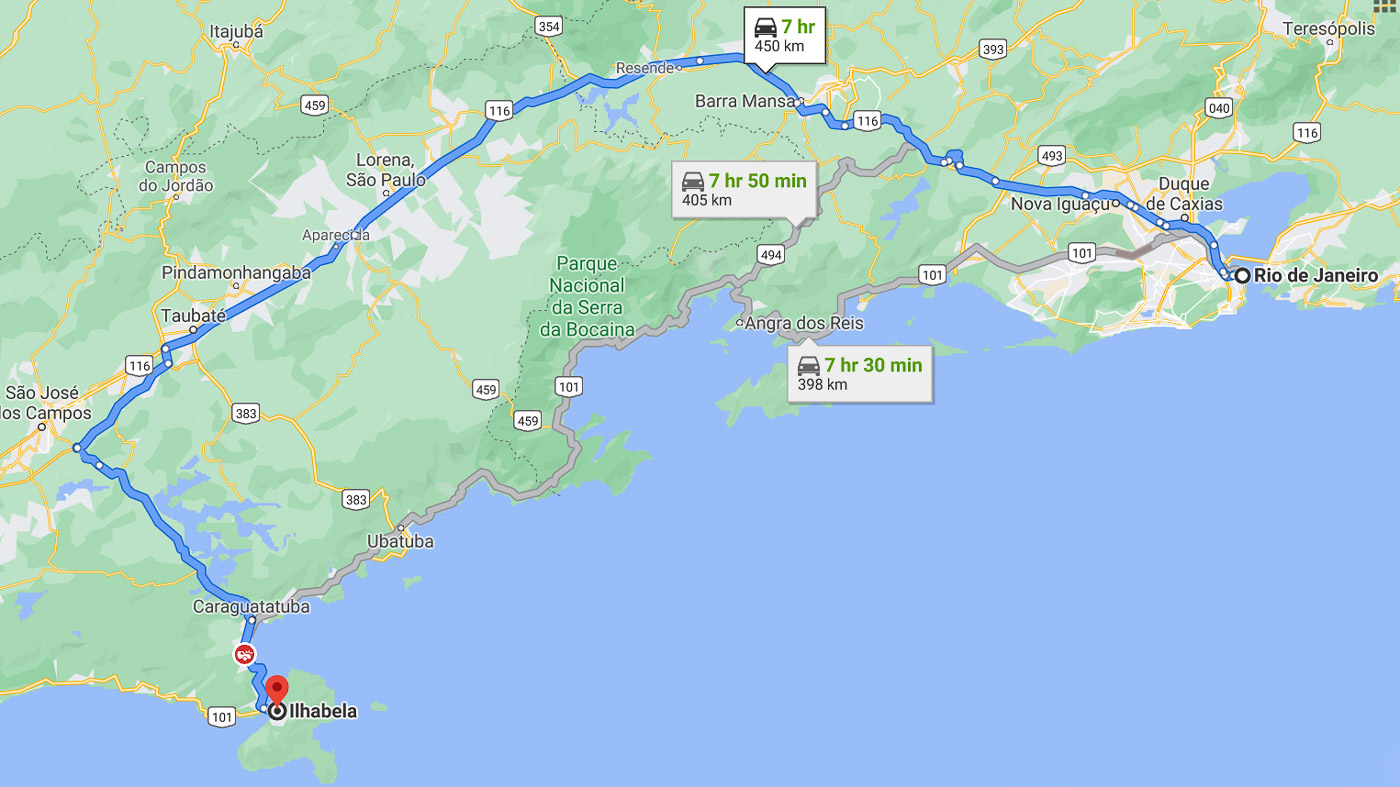 Mapa da rota entre Rio de Janeiro e Ilhabela