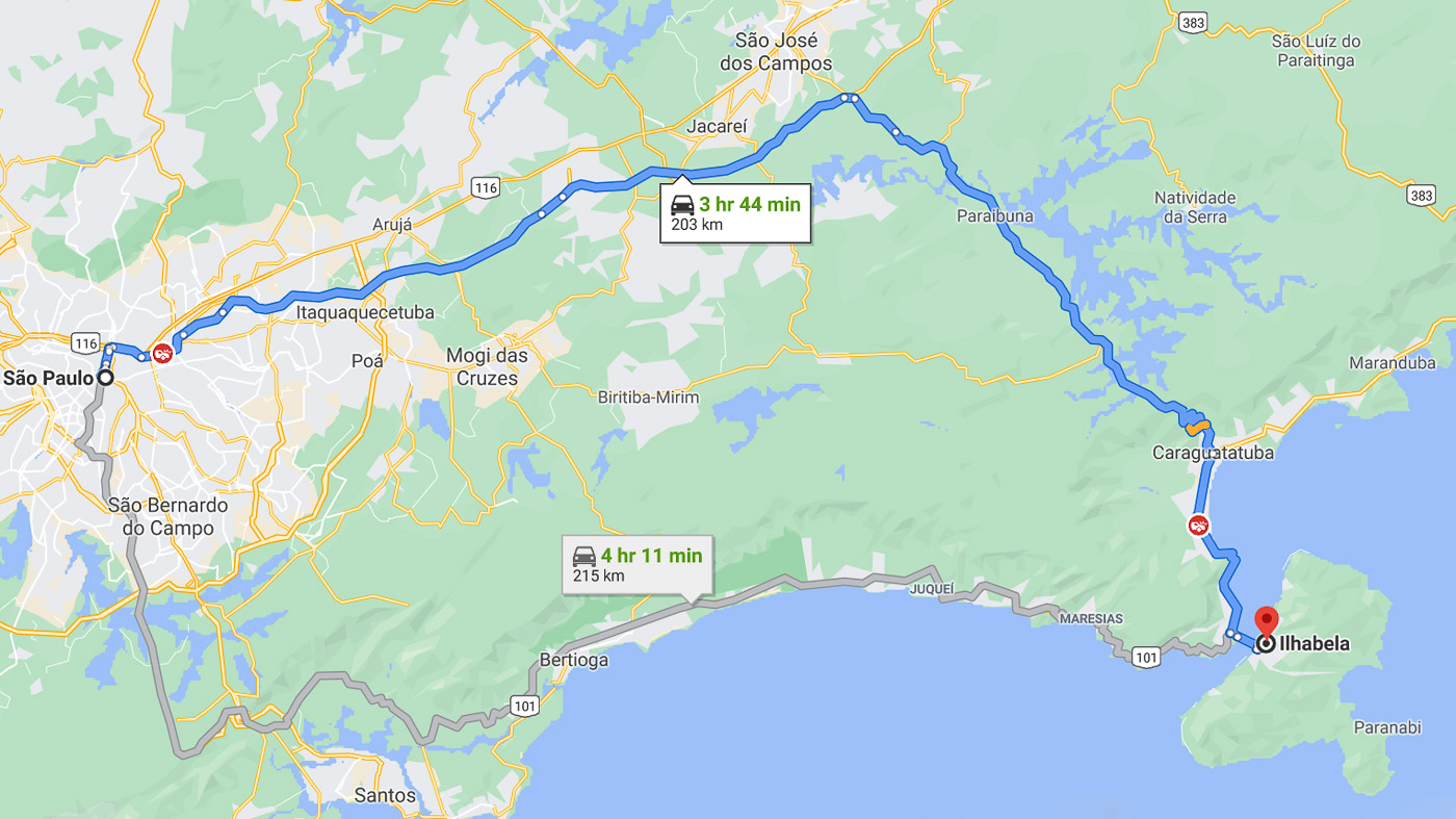 Mapa da rota de São Paulo até Ilhabela