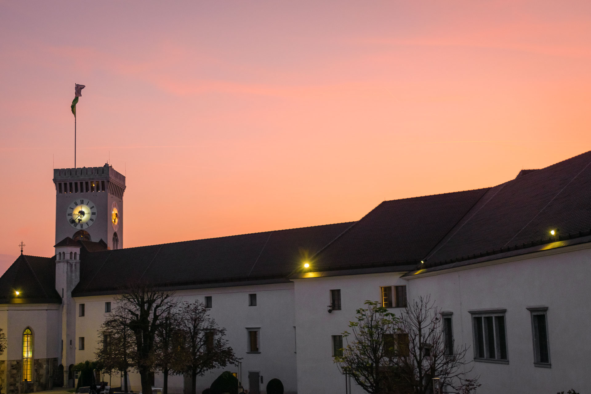 The pink of the sky from the castle of Ljubljana