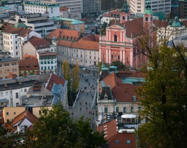 overview of Preseren Square in the city centre of Ljubljana