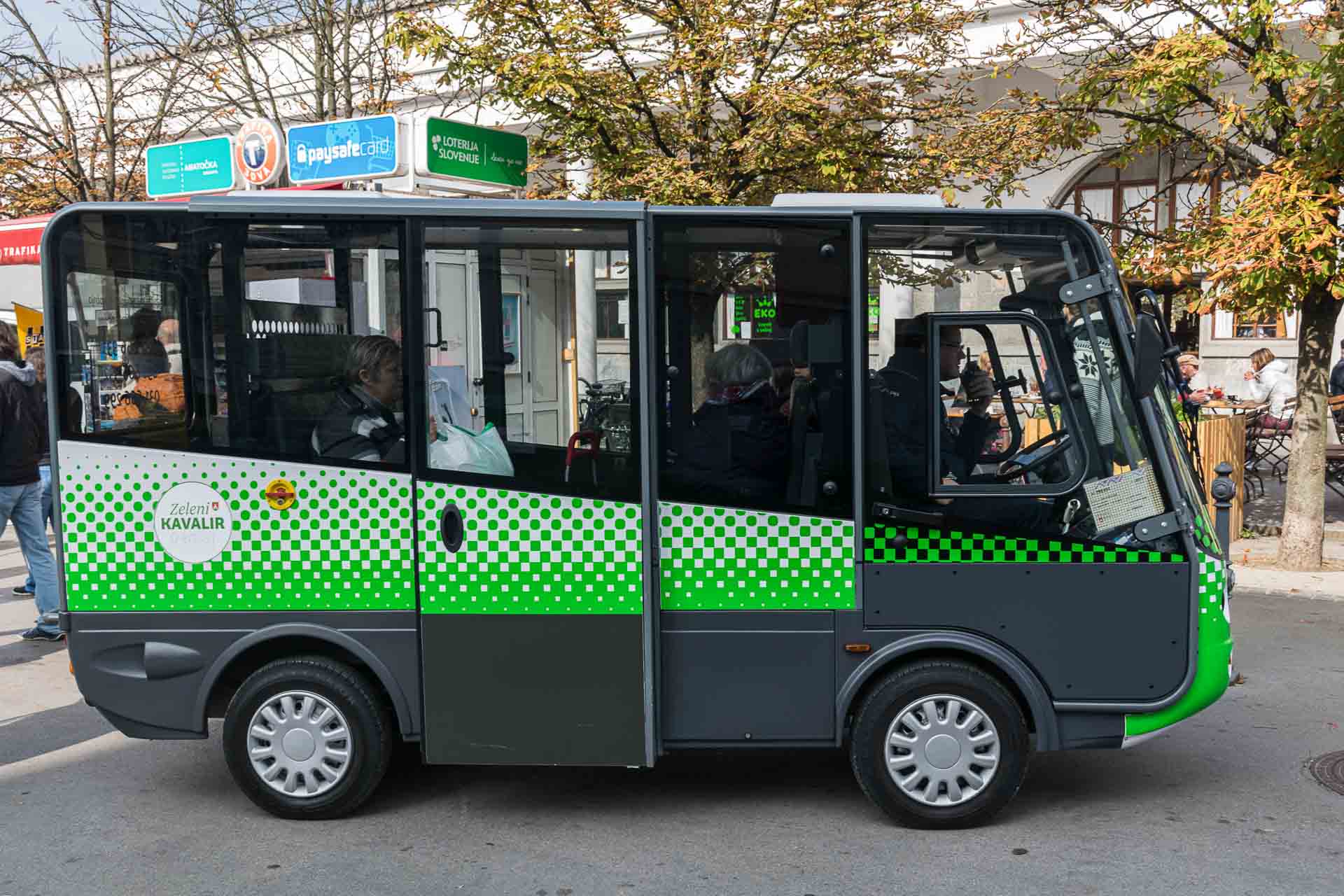 A bus in the city centre of Ljubljana taking passengers