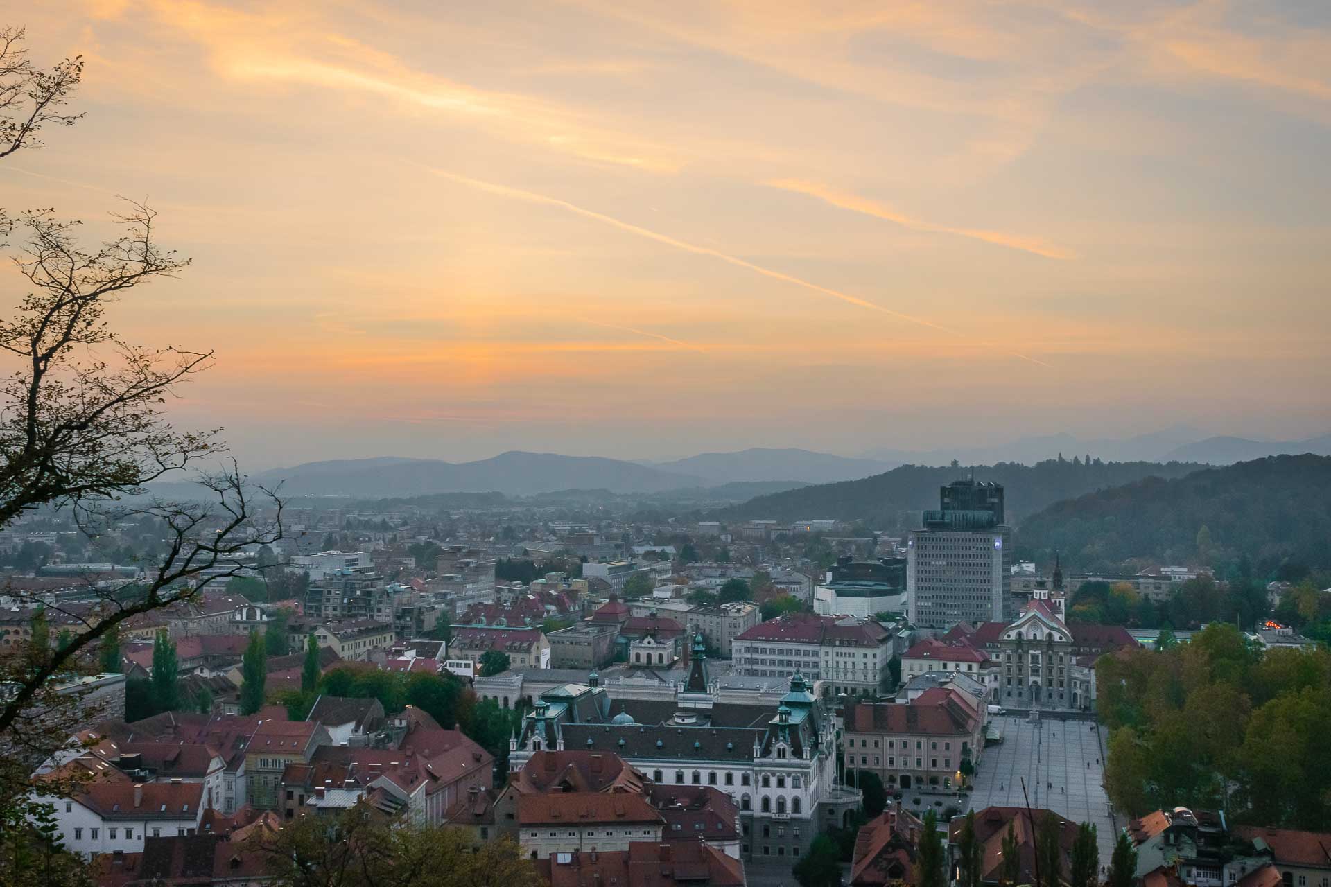 The orange very orange after the sunset at dusk in Ljubljana