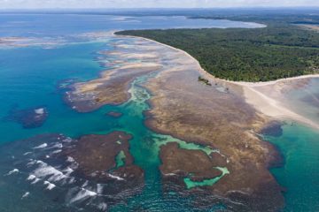 Aerial view of Boipeba Island with a large coral reef by the coast