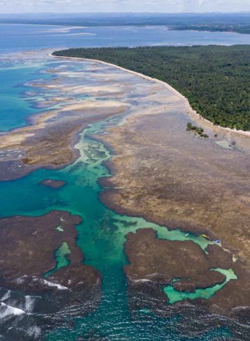 Aerial view of Boipeba Island with a large coral reef by the coast