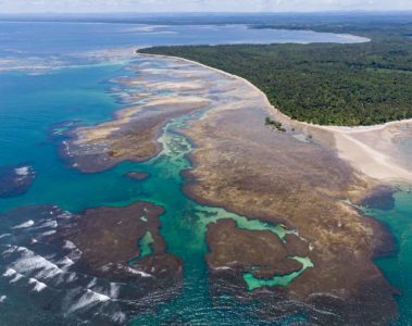 Vista aerea da costa da ilha de boipeba na bahia cheia de corais