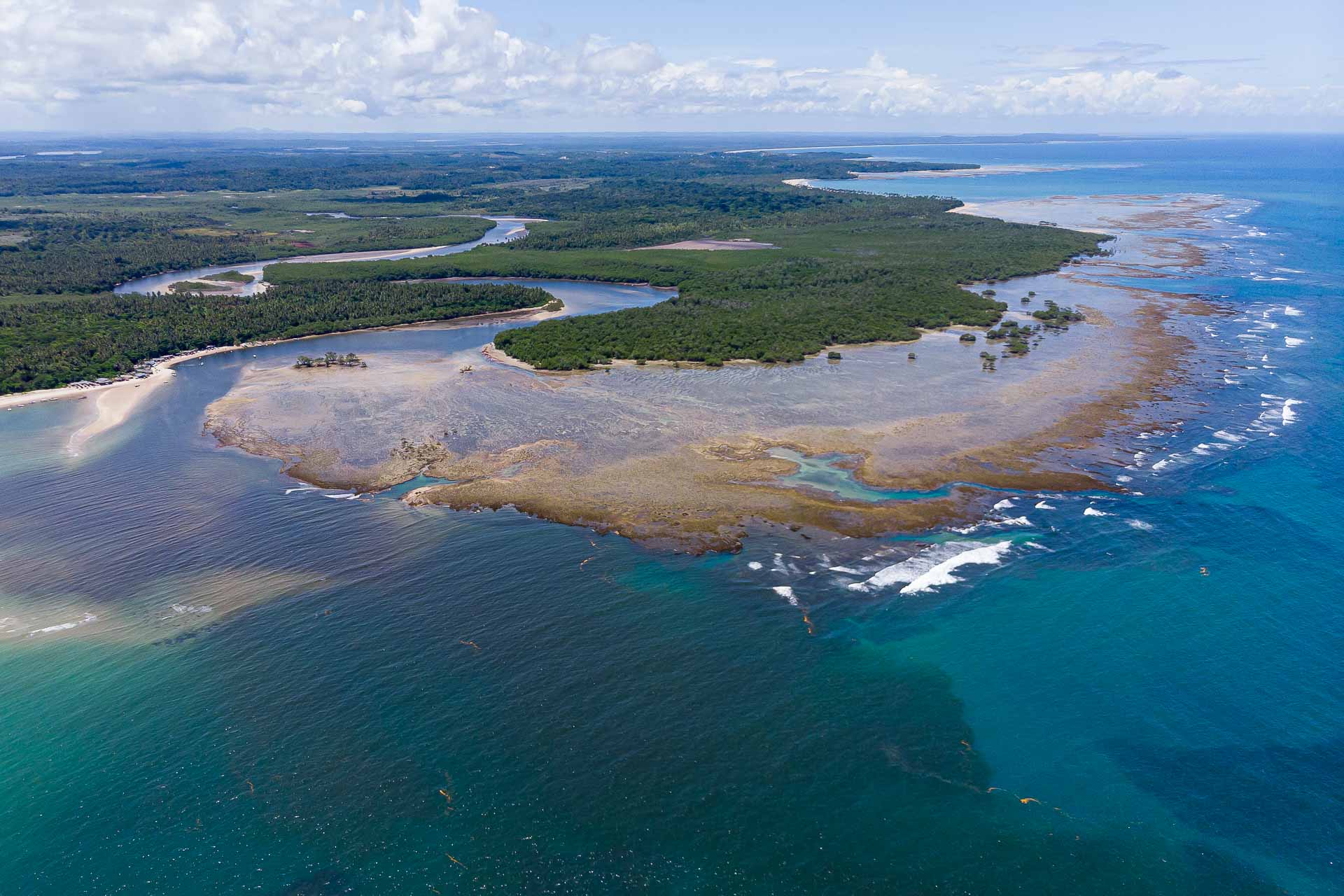 Aerial view of the coast of Boipeba Brazil full of coral reefs