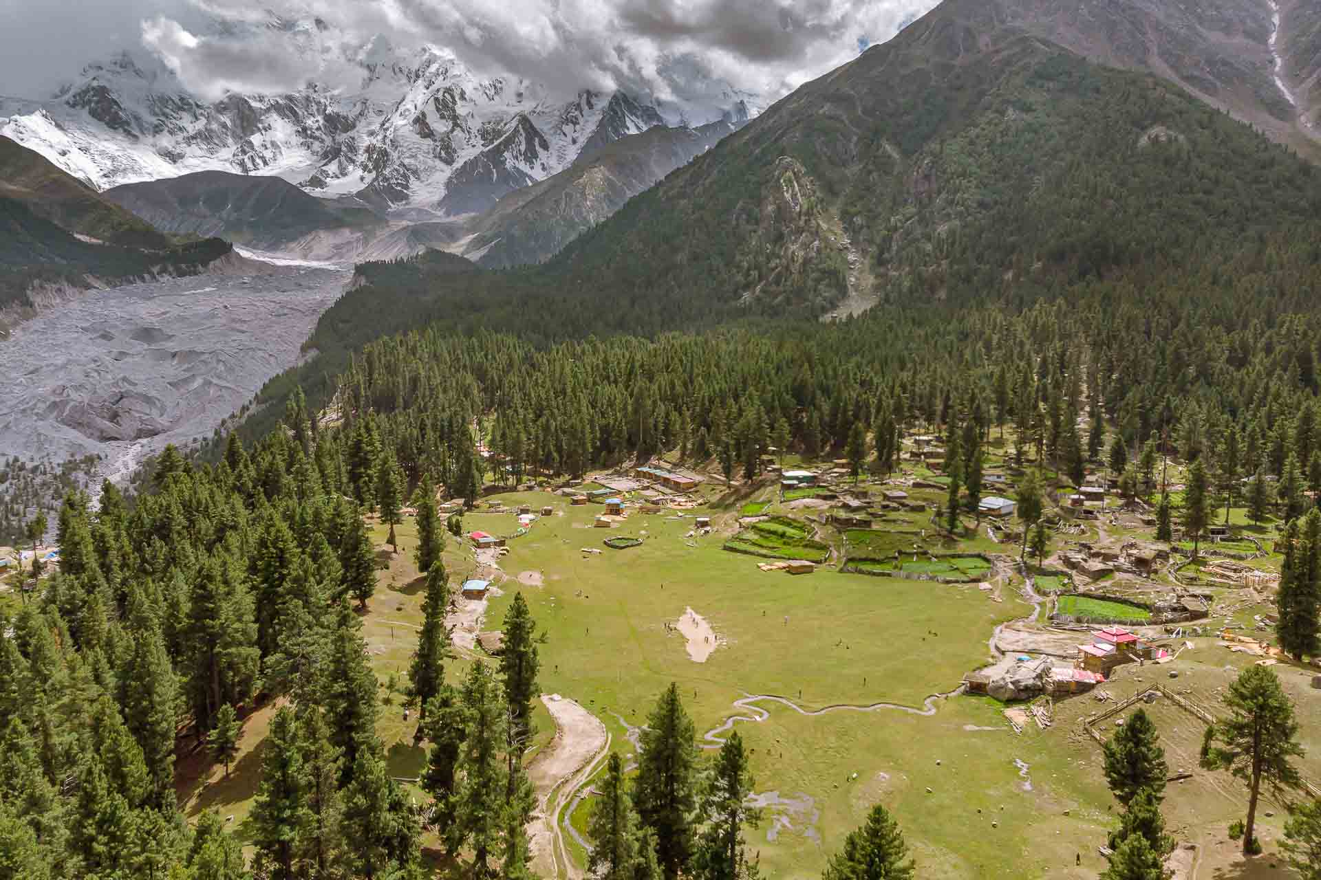 Aerial view of the village in Fairy Meadows and the Naga Parbat mountain in the back