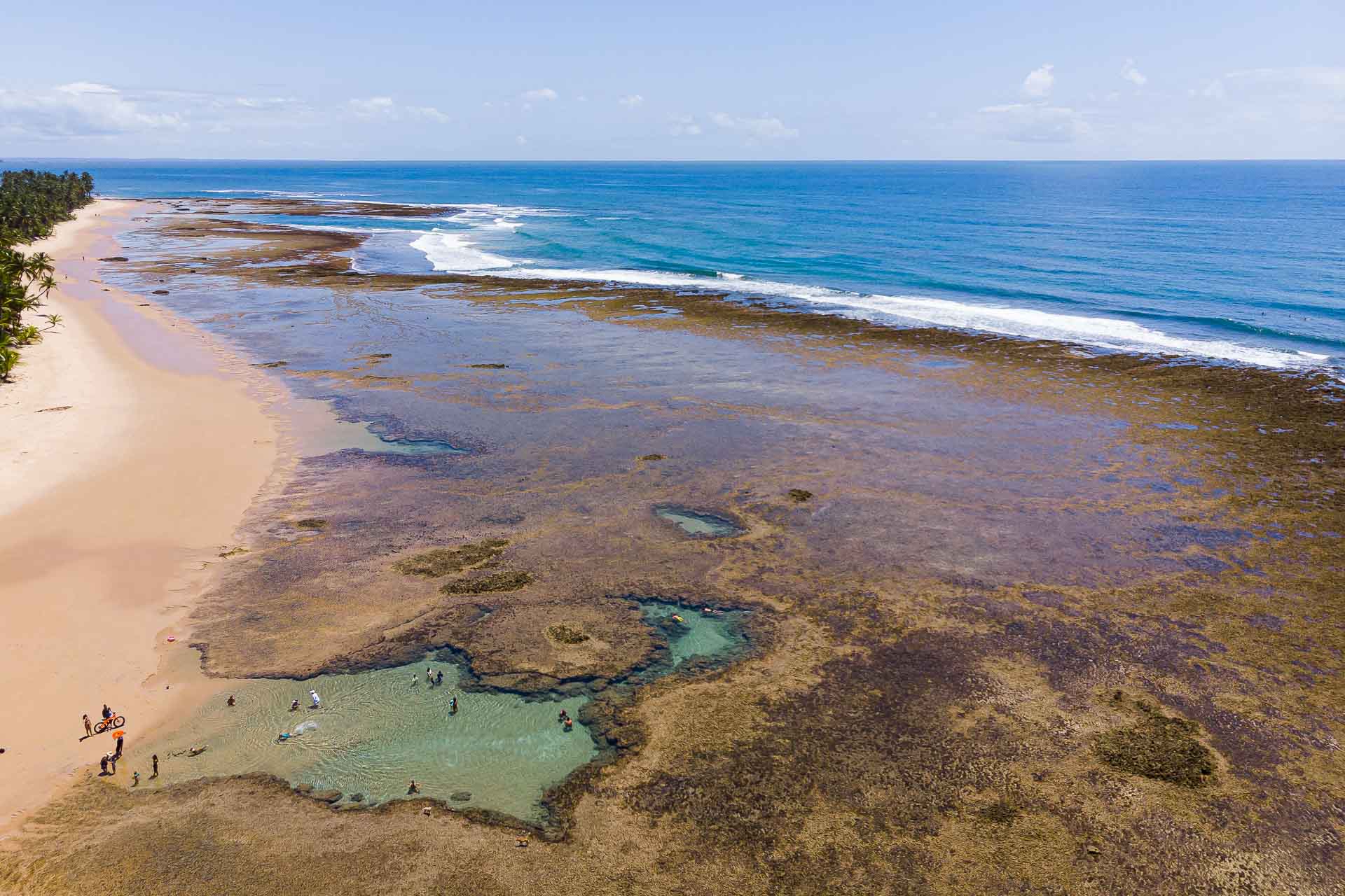 Uma formação de piscina natural em meio aos corais com o mar de um lado e coqueiros de outro