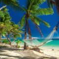 Empty hammock in the shade of palm trees on tropical Fiji Islands