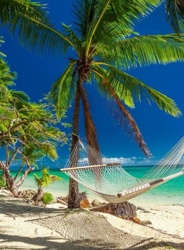 Empty hammock in the shade of palm trees on tropical Fiji Islands