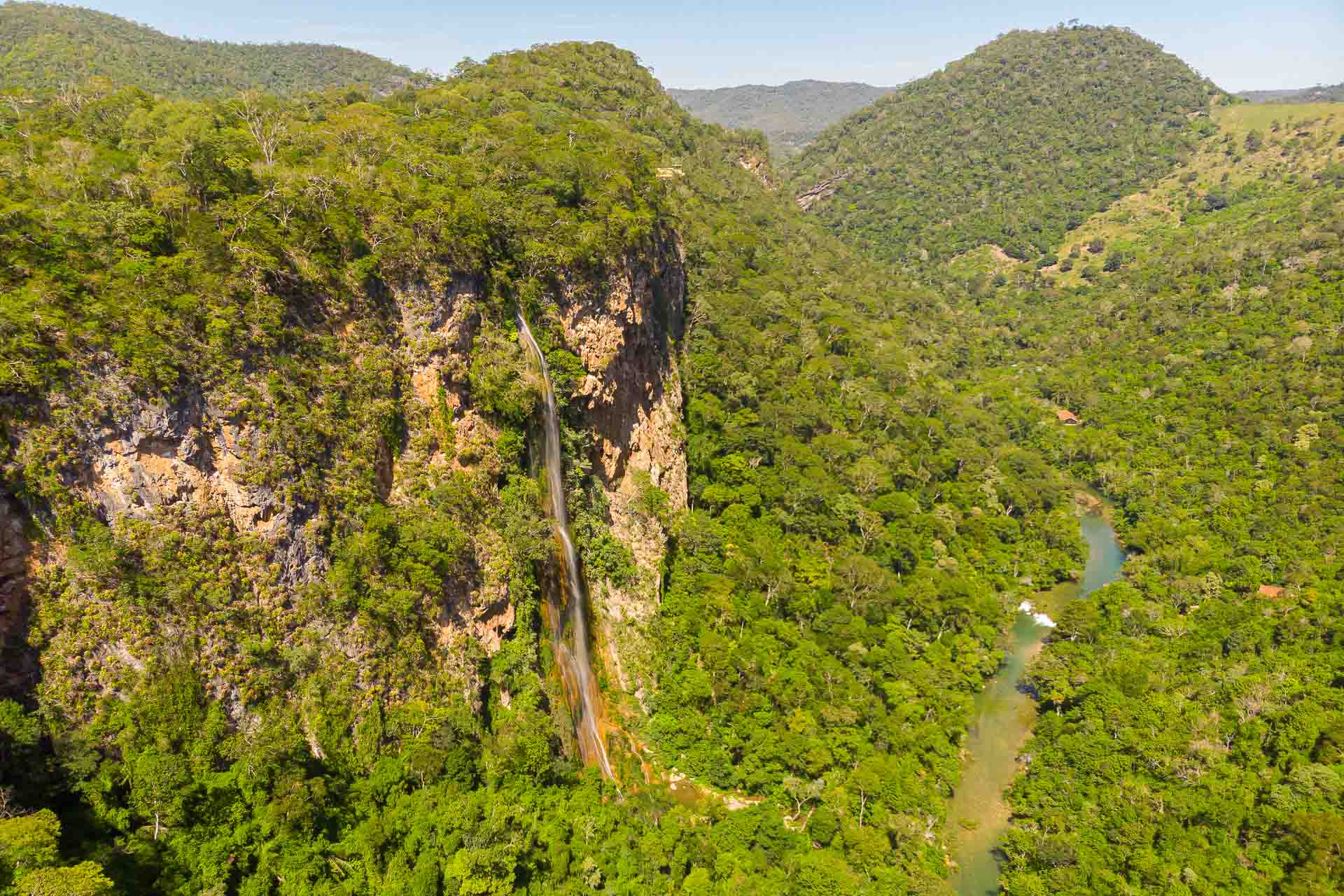 Aerial view of the Boca da Onça waterfall in Serra da Bodoquena