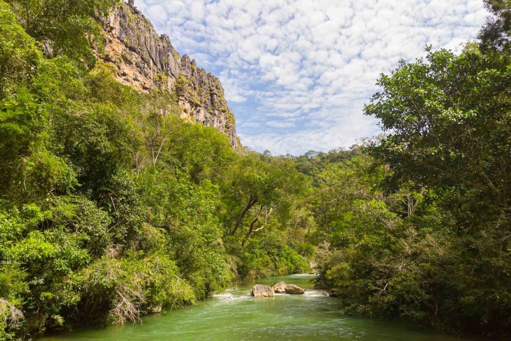 Uma parede de pedra enorme ao lado do rio Salobra na trilha da Serra da Bodoquena