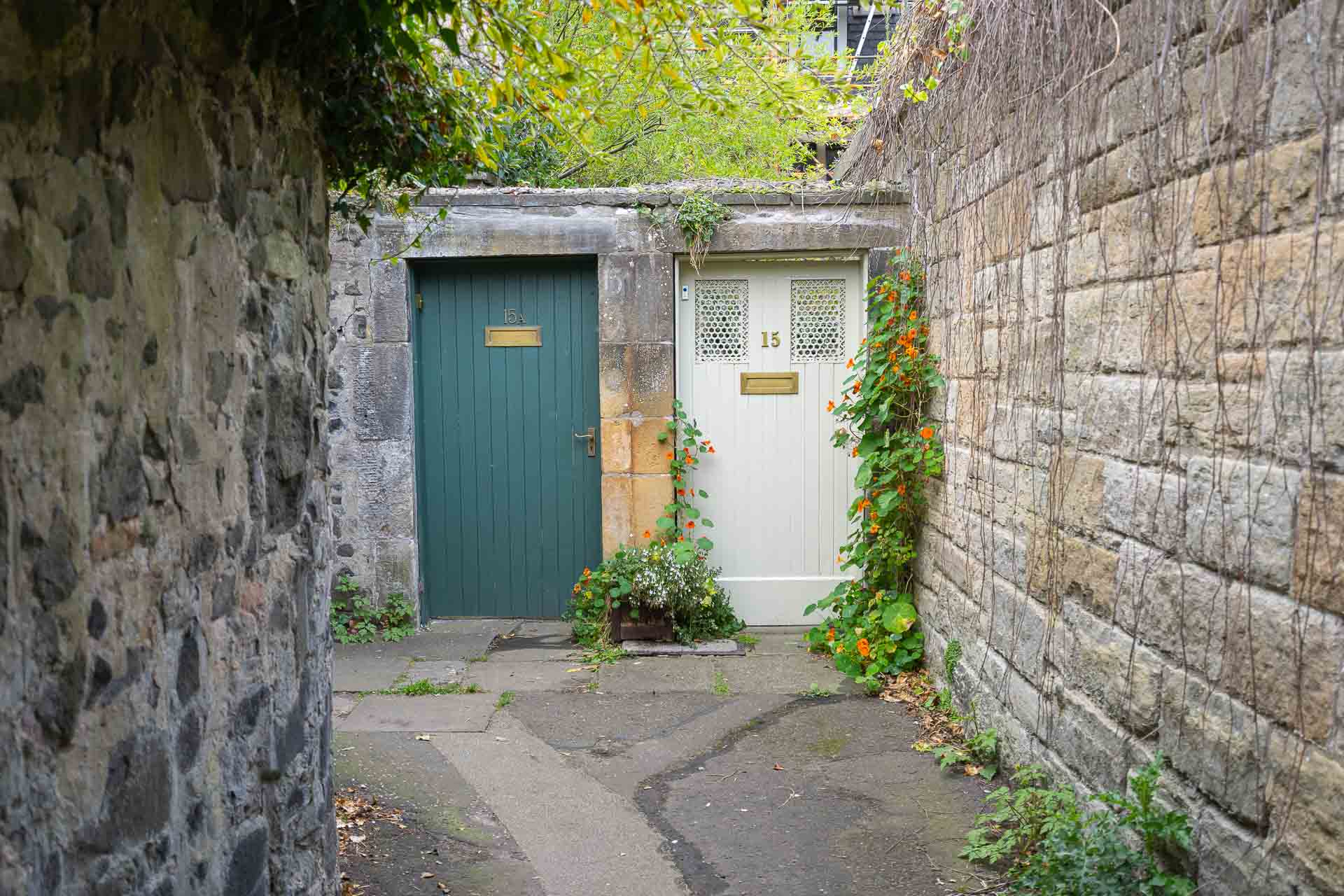Little streets of Edinburgh with a house door in the end