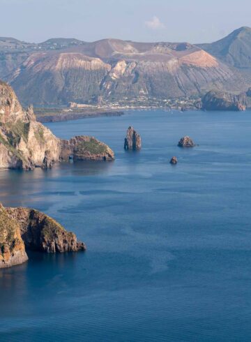Overview of the coast of Lipari Islands with Volcano Island in the background