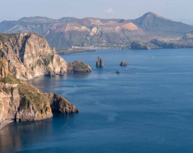 Overview of the coast of Lipari Islands with Volcano Island in the background