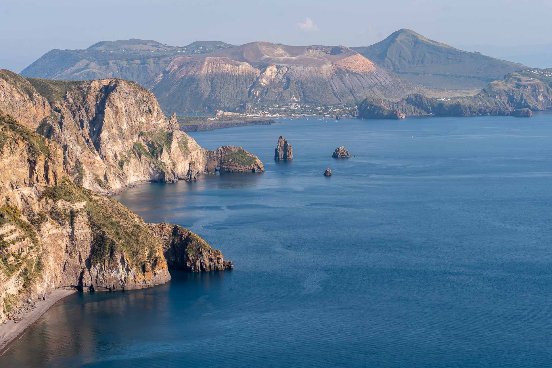 Overview of the coast of Lipari Islands with Volcano Island in the background